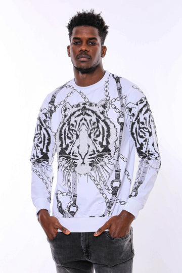 White Slim Fit Crew Neck Tiger Patterned Sweatshirt | Wessi