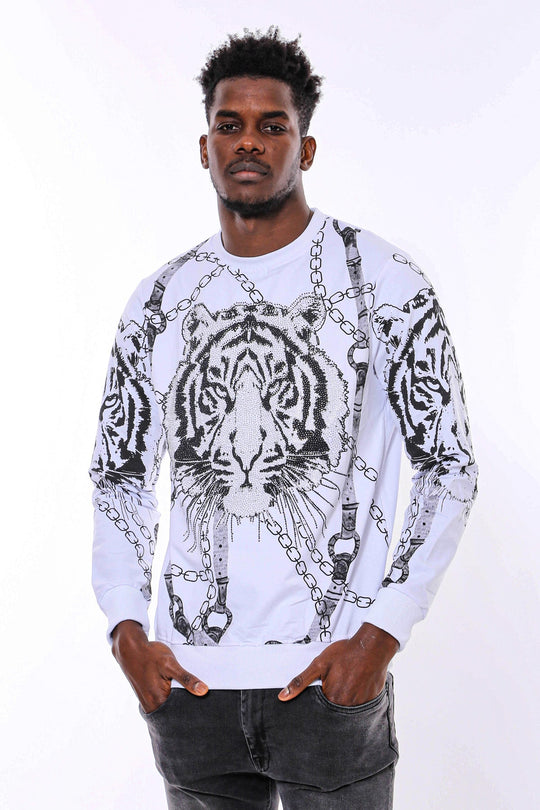 White Slim Fit Crew Neck Tiger Patterned Sweatshirt | Wessi