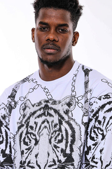 White Slim Fit Crew Neck Tiger Patterned Sweatshirt | Wessi