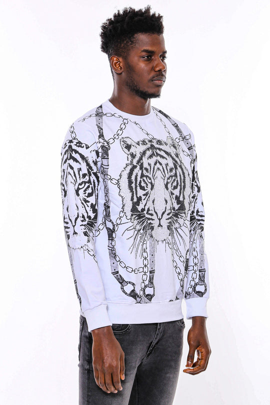 White Slim Fit Crew Neck Tiger Patterned Sweatshirt | Wessi