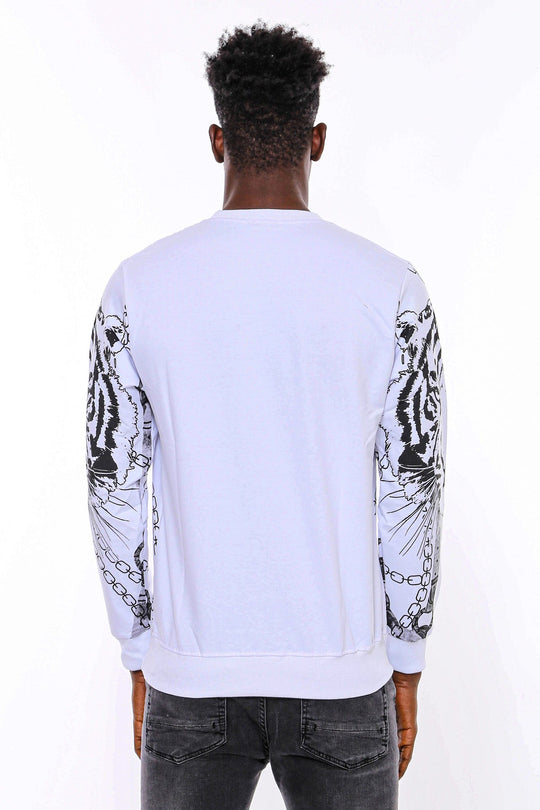 White Slim Fit Crew Neck Tiger Patterned Sweatshirt | Wessi