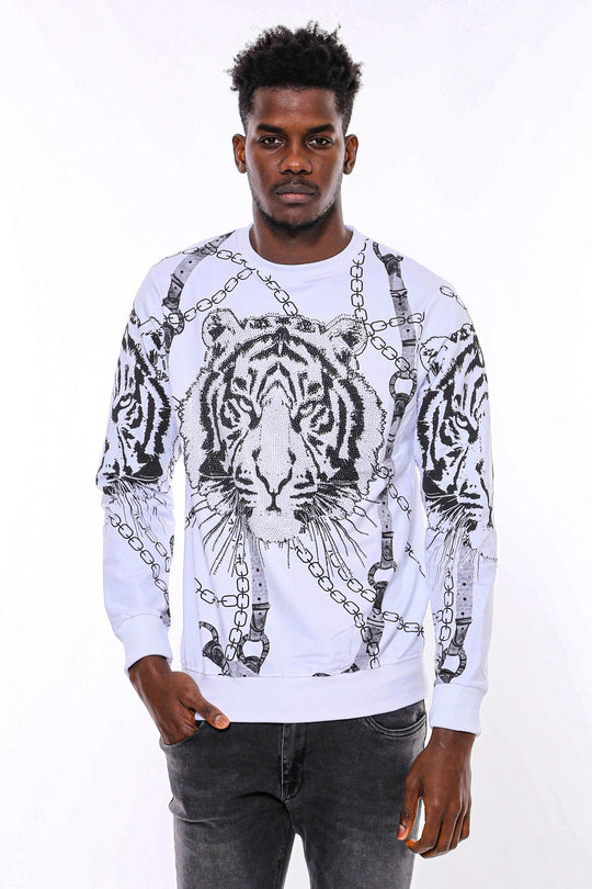 White Slim Fit Crew Neck Tiger Patterned Sweatshirt | Wessi