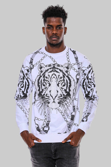 White Slim Fit Crew Neck Tiger Patterned Sweatshirt | Wessi