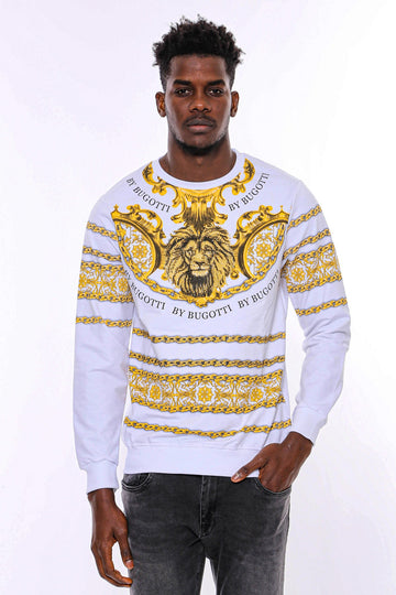 White Slim Fit Crew Neck Yellow Lion Patterned Sweatshirt | Wessi