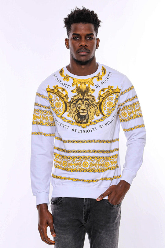 White Slim Fit Crew Neck Yellow Lion Patterned Sweatshirt | Wessi