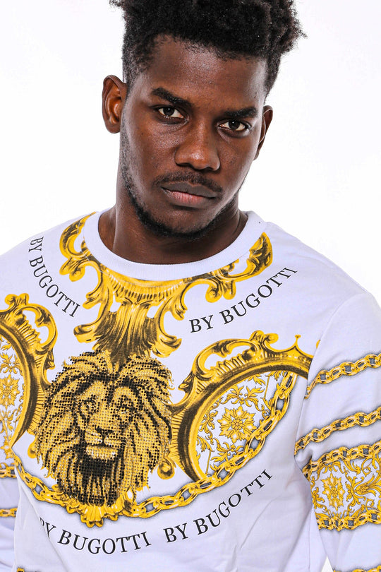 White Slim Fit Crew Neck Yellow Lion Patterned Sweatshirt | Wessi