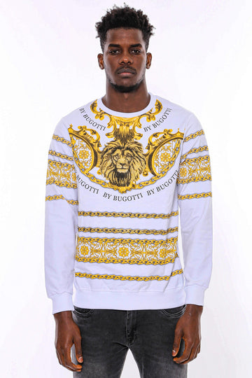 White Slim Fit Crew Neck Yellow Lion Patterned Sweatshirt | Wessi