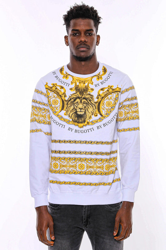 White Slim Fit Crew Neck Yellow Lion Patterned Sweatshirt | Wessi