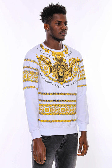 White Slim Fit Crew Neck Yellow Lion Patterned Sweatshirt | Wessi