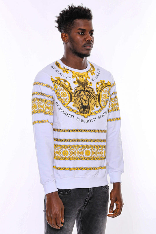 White Slim Fit Crew Neck Yellow Lion Patterned Sweatshirt | Wessi