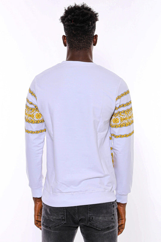 White Slim Fit Crew Neck Yellow Lion Patterned Sweatshirt | Wessi