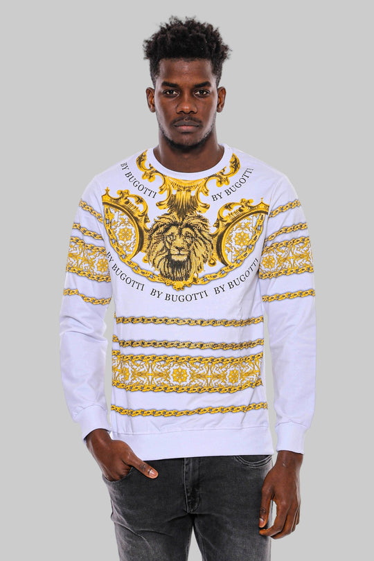 White Slim Fit Crew Neck Yellow Lion Patterned Sweatshirt | Wessi