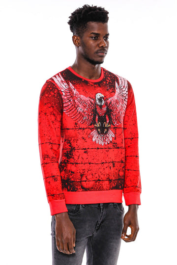 Red Slim Fit Eagle Print Crew Neck Sweatshirt | Wessi
