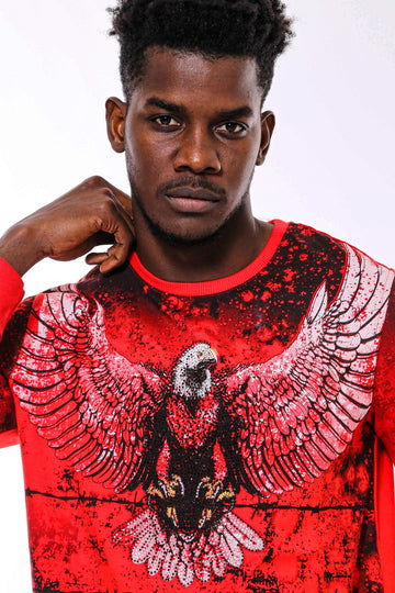Red Slim Fit Eagle Print Crew Neck Sweatshirt | Wessi