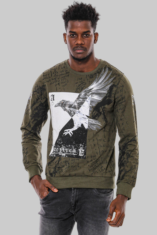 Dark Green Slim Fit Patterned Crew Neck Sweatshirt | Wessi