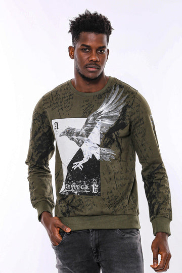 Dark Green Slim Fit Patterned Crew Neck Sweatshirt | Wessi