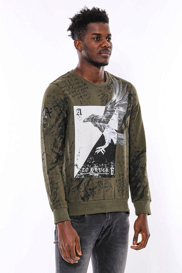 Dark Green Slim Fit Patterned Crew Neck Sweatshirt | Wessi