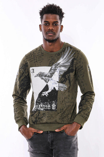 Dark Green Slim Fit Patterned Crew Neck Sweatshirt | Wessi