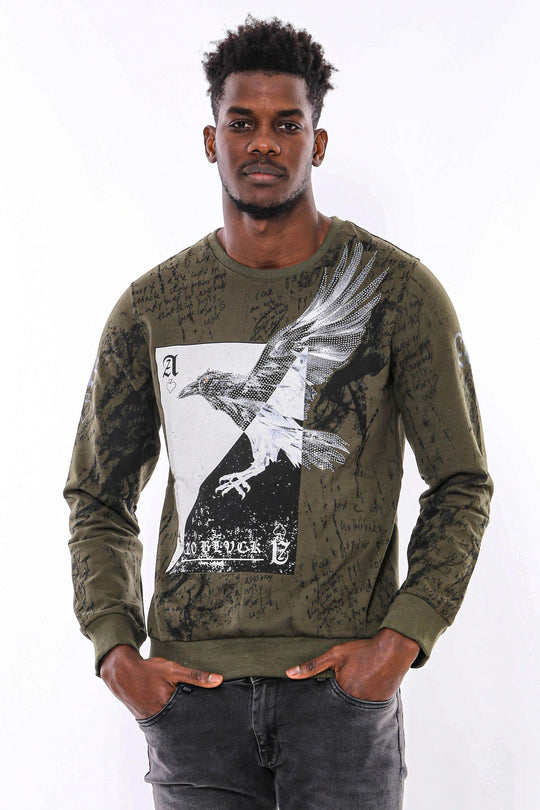 Dark Green Slim Fit Patterned Crew Neck Sweatshirt | Wessi