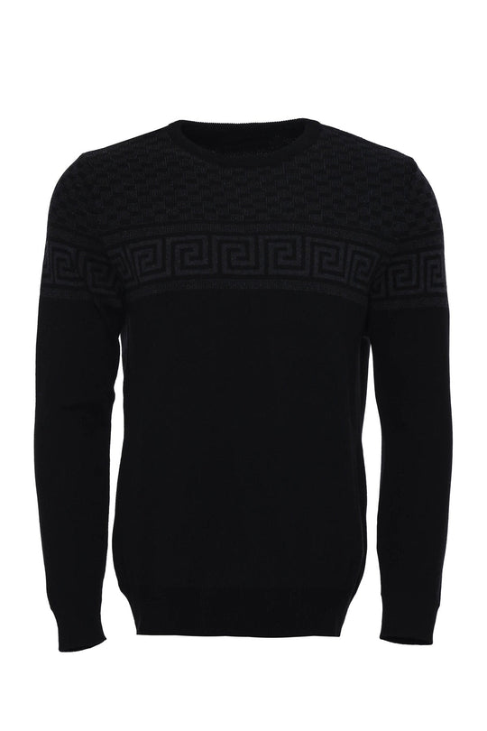Black Slim Fit Chest Pattern Crew Neck Knit Jumper | Wessi