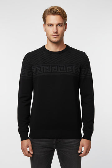 Black Slim Fit Chest Pattern Crew Neck Knit Jumper | Wessi