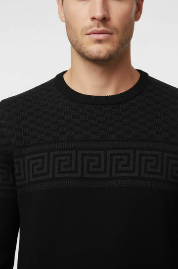 Black Slim Fit Chest Pattern Crew Neck Knit Jumper | Wessi