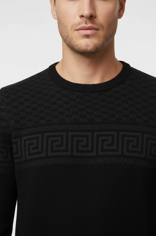 Black Slim Fit Chest Pattern Crew Neck Knit Jumper | Wessi