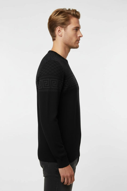 Black Slim Fit Chest Pattern Crew Neck Knit Jumper | Wessi