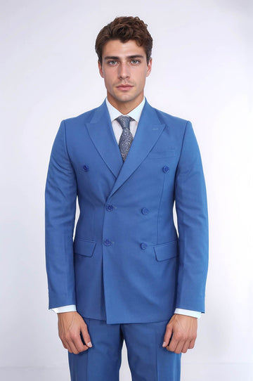 Men's Blue Pinstripe Double-Breasted Slim Fit Suit with Wide Peak Lapels