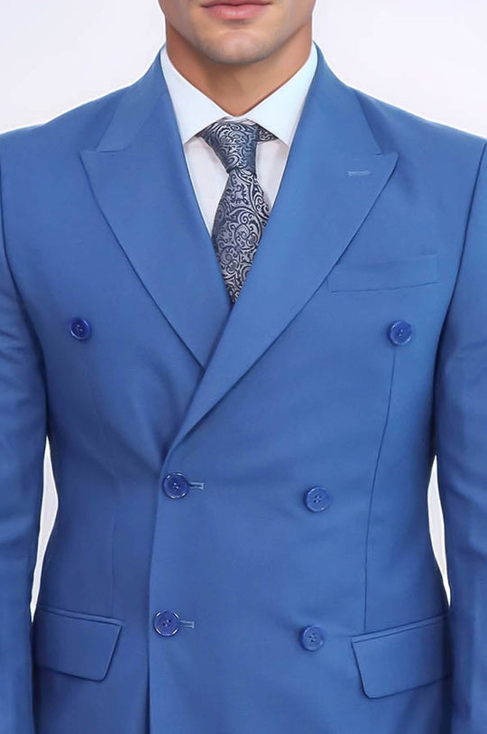 Men's Blue Pinstripe Double-Breasted Slim Fit Suit with Wide Peak Lapels