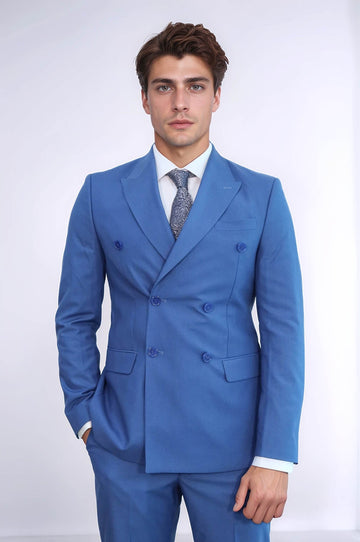 Men's Blue Pinstripe Double-Breasted Slim Fit Suit with Wide Peak Lapels