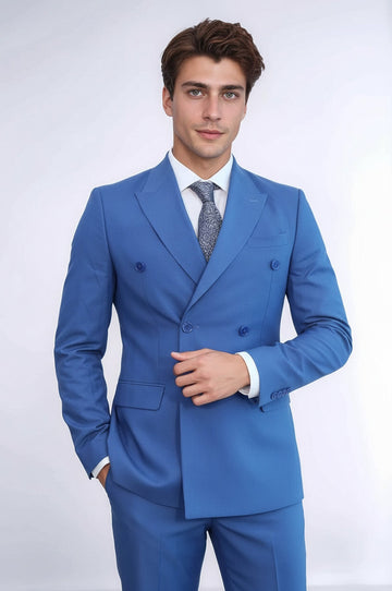 Men's Blue Pinstripe Double-Breasted Slim Fit Suit with Wide Peak Lapels