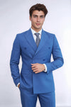 Men's Blue Pinstripe Double-Breasted Slim Fit Suit with Wide Peak Lapels