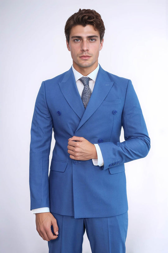 Men's Blue Pinstripe Double-Breasted Slim Fit Suit with Wide Peak Lapels