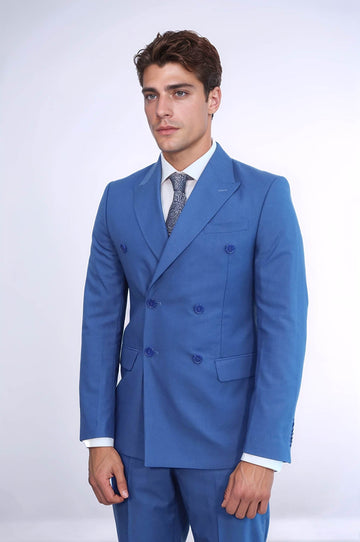 Men's Blue Pinstripe Double-Breasted Slim Fit Suit with Wide Peak Lapels