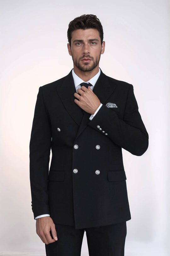 Men's Black Double-Breasted Suit with Silver-Tone Buttons