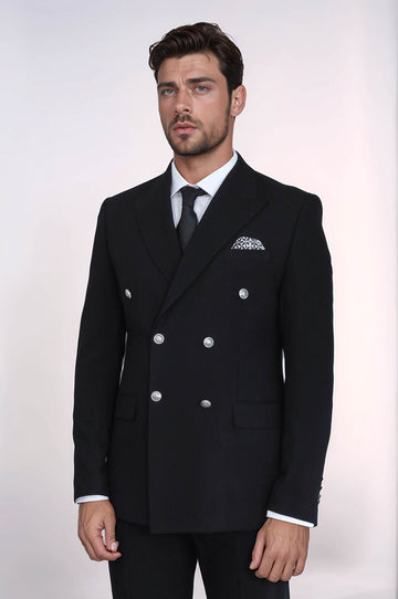 Men's Black Double-Breasted Suit with Silver-Tone Buttons