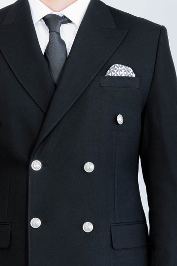 Men's Black Double-Breasted Suit with Silver-Tone Buttons