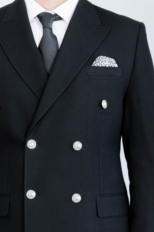 Men's Black Double-Breasted Suit with Silver-Tone Buttons