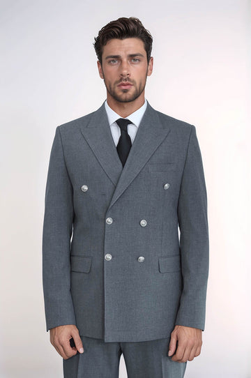 Men's Grey Double-Breasted Suit with Silver-Tone Buttons