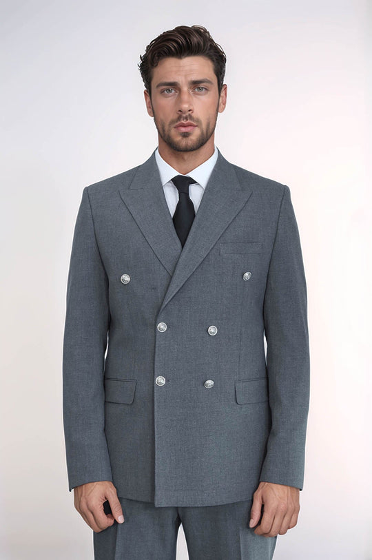 Men's Grey Double-Breasted Suit with Silver-Tone Buttons