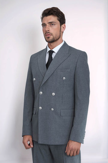 Men's Grey Double-Breasted Suit with Silver-Tone Buttons