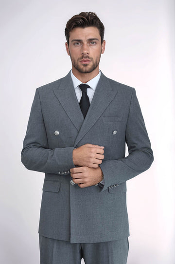 Men's Grey Double-Breasted Suit with Silver-Tone Buttons