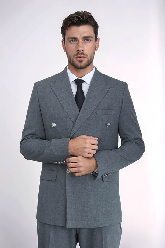 Men's Grey Double-Breasted Suit with Silver-Tone Buttons