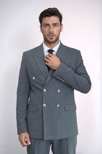 Men's Grey Double-Breasted Suit with Silver-Tone Buttons