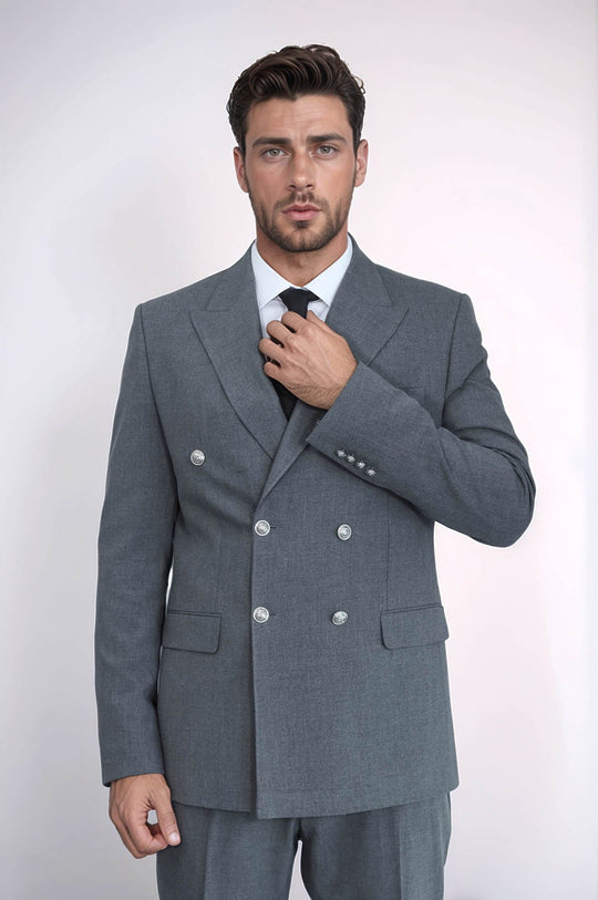 Men's Grey Double-Breasted Suit with Silver-Tone Buttons