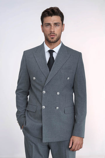Men's Grey Double-Breasted Suit with Silver-Tone Buttons