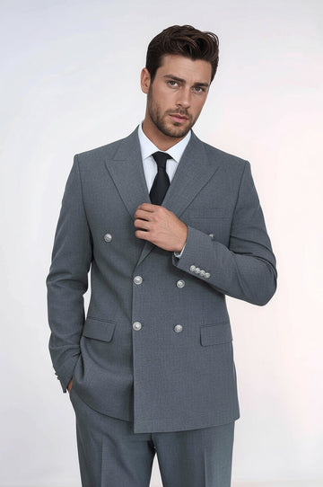 Men's Grey Double-Breasted Suit with Silver-Tone Buttons