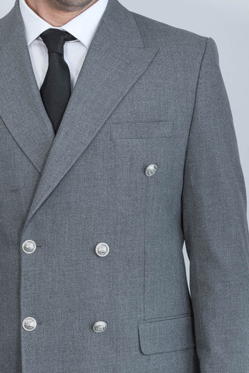 Men's Grey Double-Breasted Suit with Silver-Tone Buttons