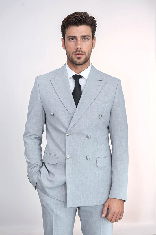 Men's Light Anthracite Double-Breasted Suit with Silver-Tone Buttons